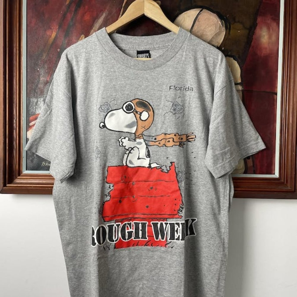 Vintage Snoopy Peanuts Cartoon Tee 90s Grey Rare Hype